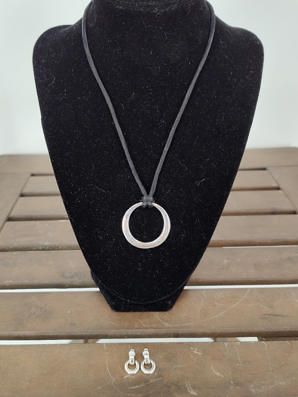 Silver Circle Pendant Necklace with Matching Earrings - Black Cord